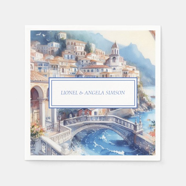 Amalfi Coast Blue Tiles Italy Personalized Photo Napkins (Front)
