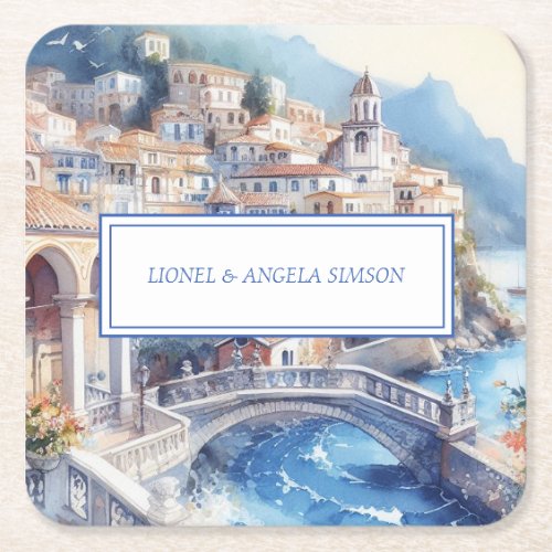 Amalfi Coast Blue Tiles Italy Personalized Photo Square Paper Coaster