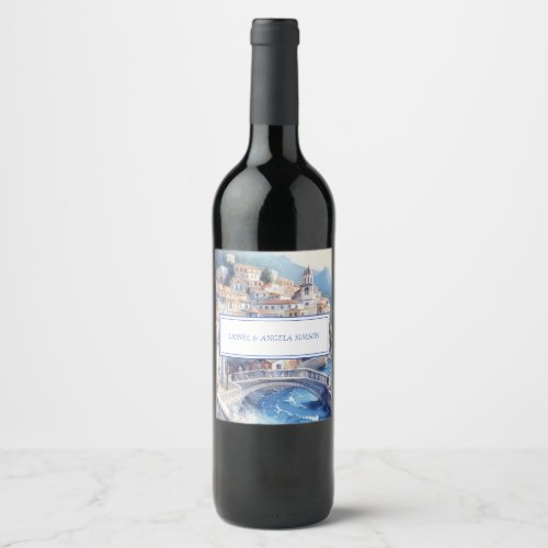 Amalfi Coast Blue Tiles Italy Personalized Photo Wine Label