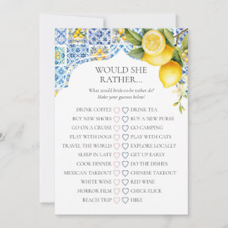 Amalfi Coast Bridal Shower Would She Rather Game Invitation