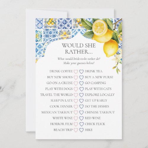 Amalfi Coast Bridal Shower Would She Rather Game Invitation