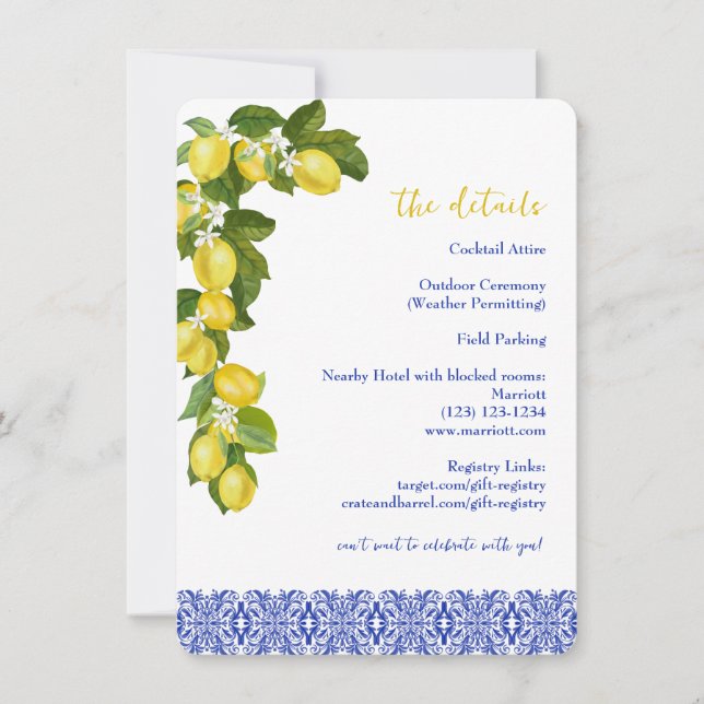 Amalfi Coast I Italian Lemon & Blue Tile Details Invitation (Front)