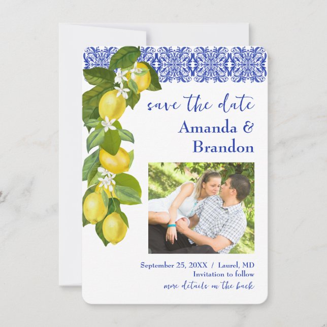 Amalfi Coast I Italian Lemon & Blue Tile Invitation (Front)
