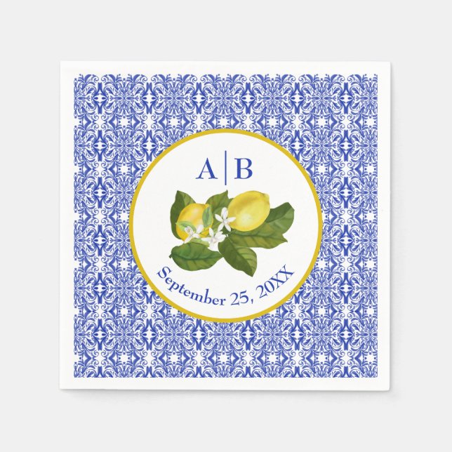 Amalfi Coast I Italian Lemon & Blue Tile Mongram Napkins (Front)