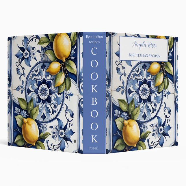 Amalfi Coast Italian Blue Tiles Lemon Cookbook 3 Ring Binder (Background)