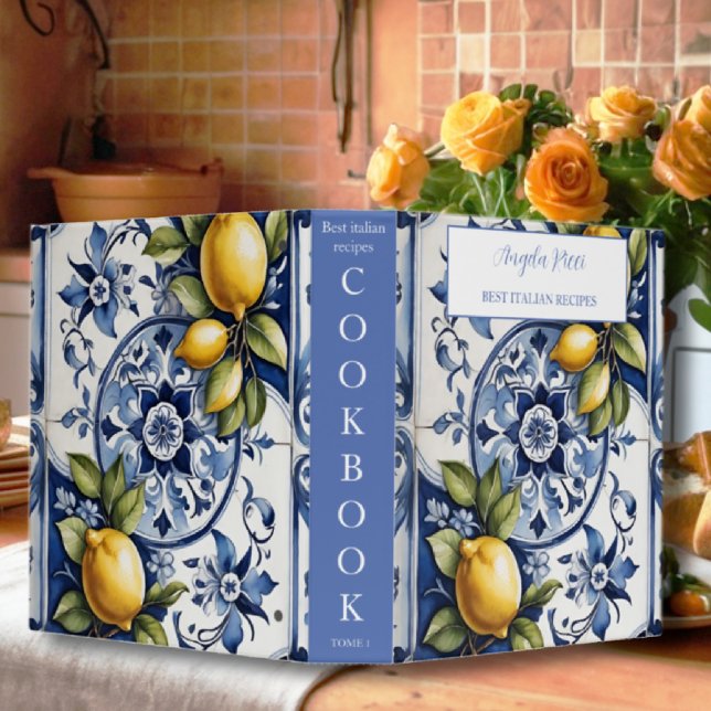 Amalfi Coast Italian Blue Tiles Lemon Cookbook 3 Ring Binder (Creator Uploaded)