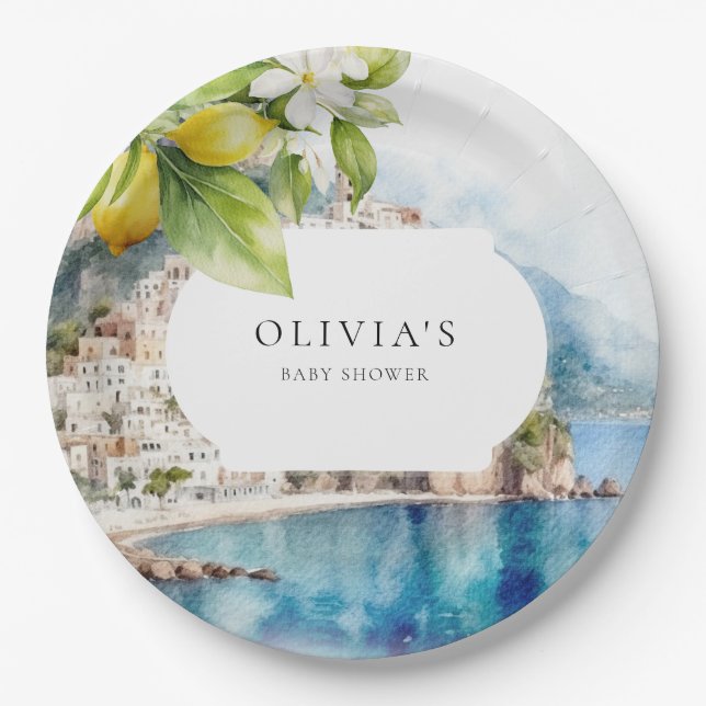 Amalfi Coast Italian Lemon Mediterranean Party Paper Plates (Front)