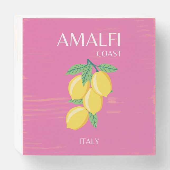 Amalfi Coast, Italy, Travel Art, Pink, Preppy Wooden Box Sign (Front Horizontal)