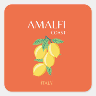 Amalfi Coast, Italy, Travel Art, Retro, Orange Square Sticker