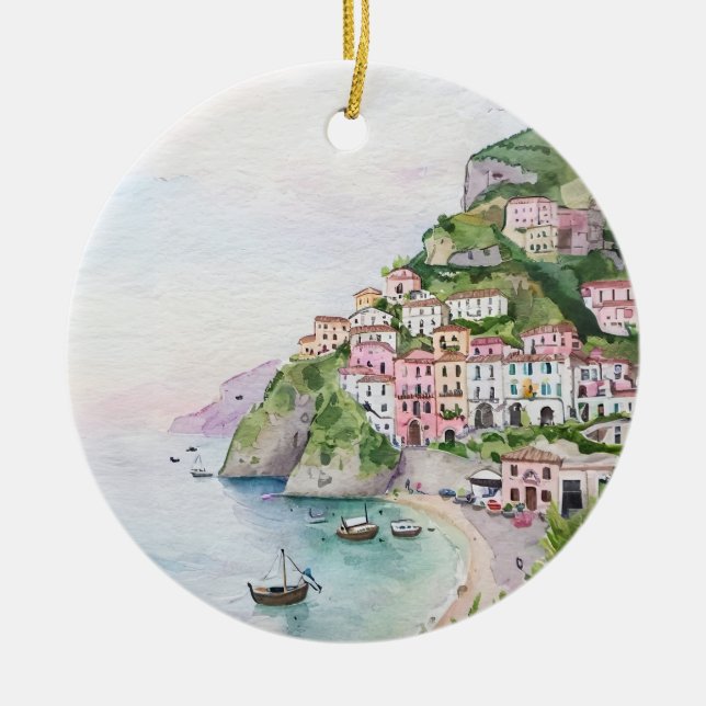 Amalfi Coast Italy Watercolor Ceramic Ornament (Front)