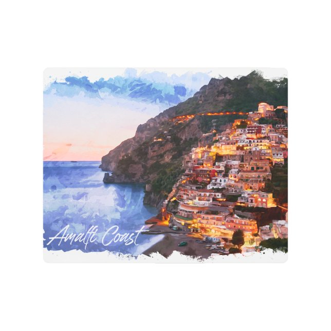 Amalfi Coast Italy Watercolor Coastline Positano Metal Print (Front)
