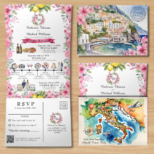 Amalfi Coast Italy Watercolor Destination Wedding Tri-Fold Invitation