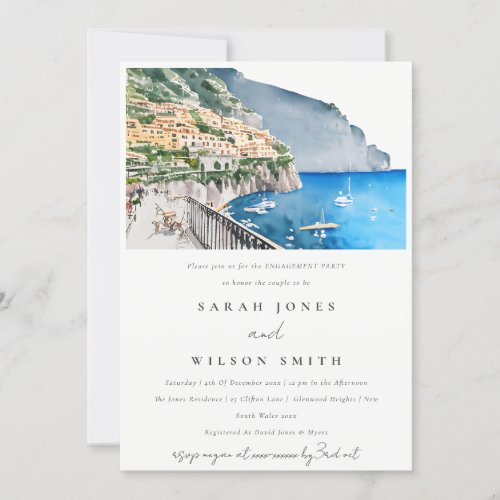 Amalfi Coast Italy Watercolor Landscape Engagement Invitation