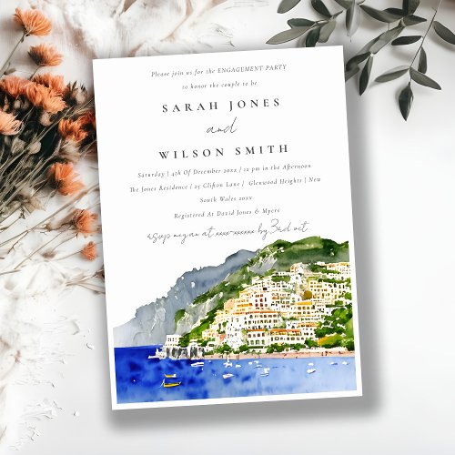 Amalfi Coast Italy Watercolor Landscape Engagement Invitation