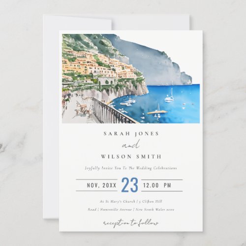 Amalfi Coast Italy Watercolor Landscape Wedding Invitation