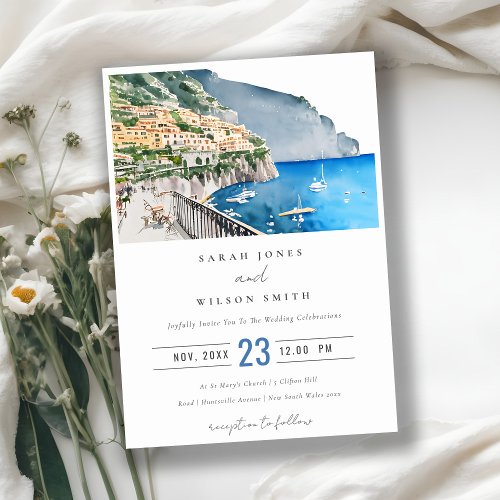 Amalfi Coast Italy Watercolor Landscape Wedding Invitation