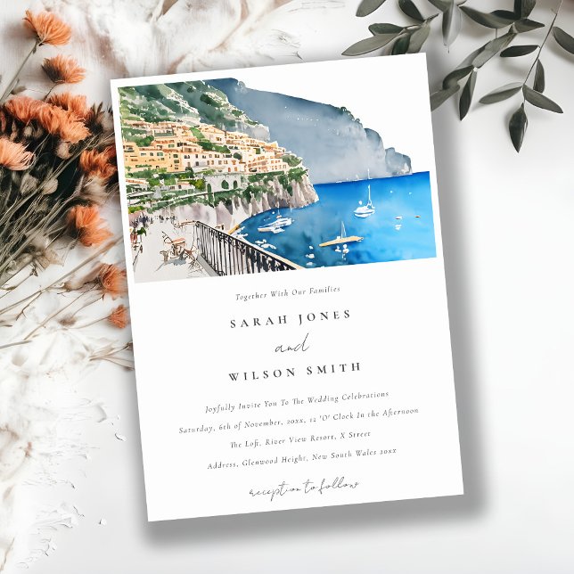 Amalfi Coast Italy Watercolor Landscape Wedding Invitation (Creator Uploaded)