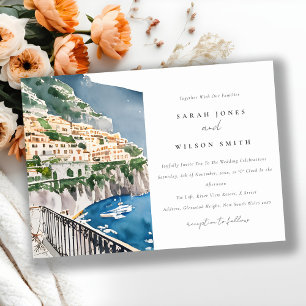 Amalfi Coast Italy Watercolor Landscape Wedding Invitation