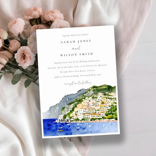 Amalfi Coast Italy Watercolor Landscape Wedding Invitation