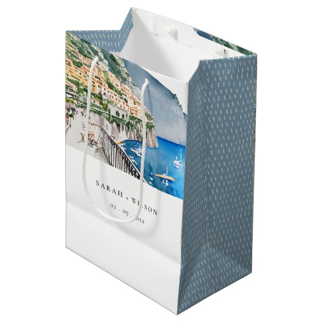 Amalfi Coast Italy Watercolor Landscape Wedding Medium Gift Bag (Front Angled)