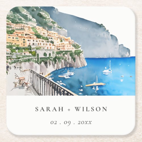 Amalfi Coast Italy Watercolor Landscape Wedding Square Paper Coaster