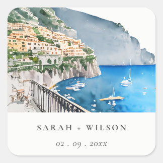 Amalfi Coast Italy Watercolor Landscape Wedding Square Sticker