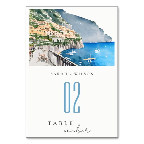 Amalfi Coast Italy Watercolor Landscape Wedding Table Number