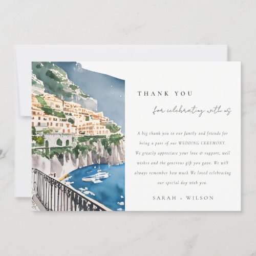 Amalfi Coast Italy Watercolor Landscape Wedding Thank You Card