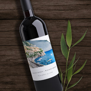 Amalfi Coast Italy Watercolor Landscape Wedding Wine Label