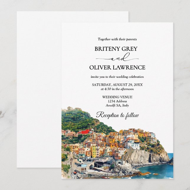 Amalfi Coast Italy Watercolor Skyline Wedding Invitation (Front/Back)
