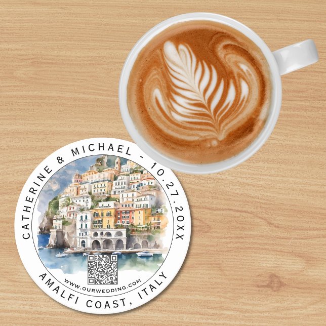 Amalfi Coast Italy Wedding Save The Date QR Code Round Paper Coaster (Creator Uploaded)