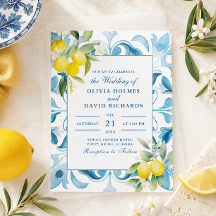 Amalfi Coast Lemon Blue Tile Wedding Invitation