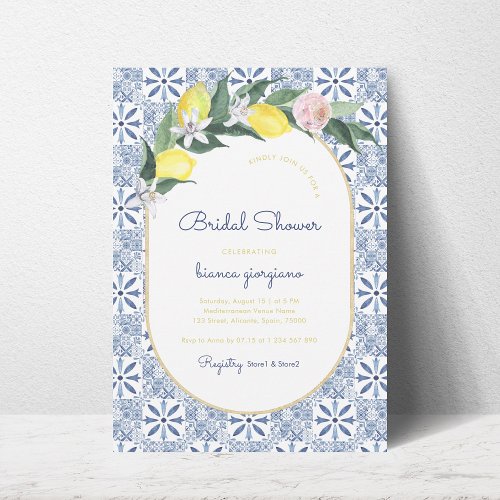 Amalfi Coast Lemon Floral Blue Tile Bridal Shower Invitation