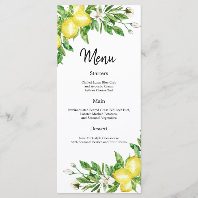 Amalfi coast lemon floral Wedding Reception menu (Front)