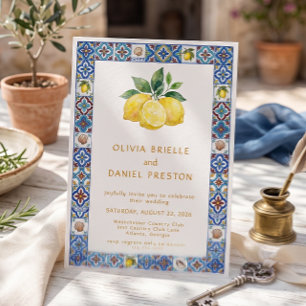 Amalfi Coast Lemon Tile Watercolor Wedding Invitat Invitation