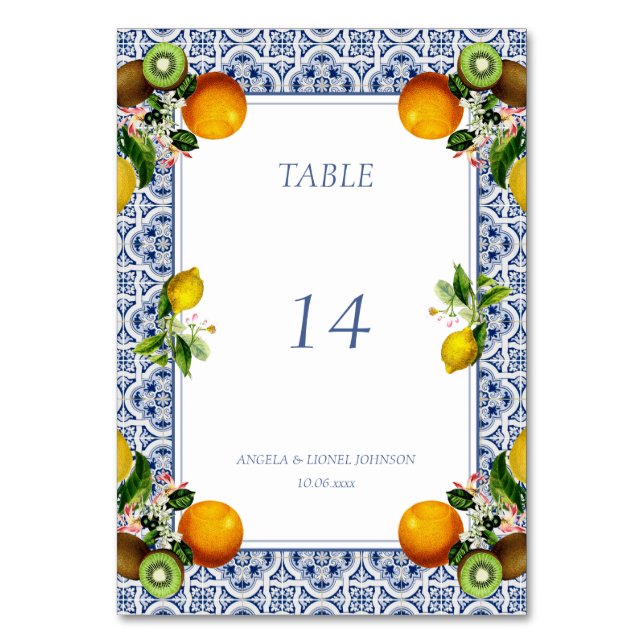 Amalfi Coast Lemon Tiles Italy Personalized names Table Number (Front)