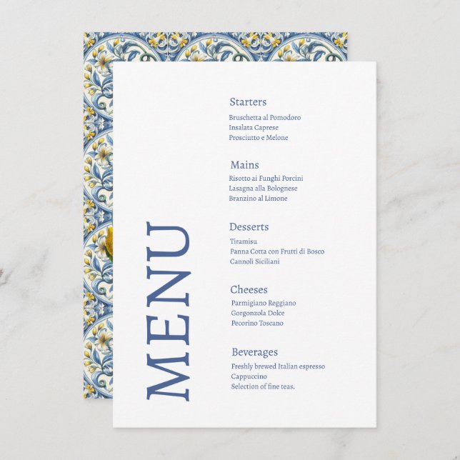Amalfi Coast Lemon Tiles Italy Wedding Menu (Front/Back)