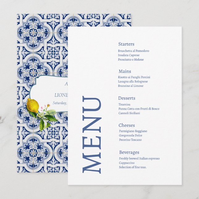 Amalfi Coast Lemon Tiles Italy Wedding Menu (Front/Back)