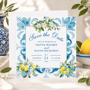 Amalfi Coast Lemon Wedding Blue Tile Save The Date