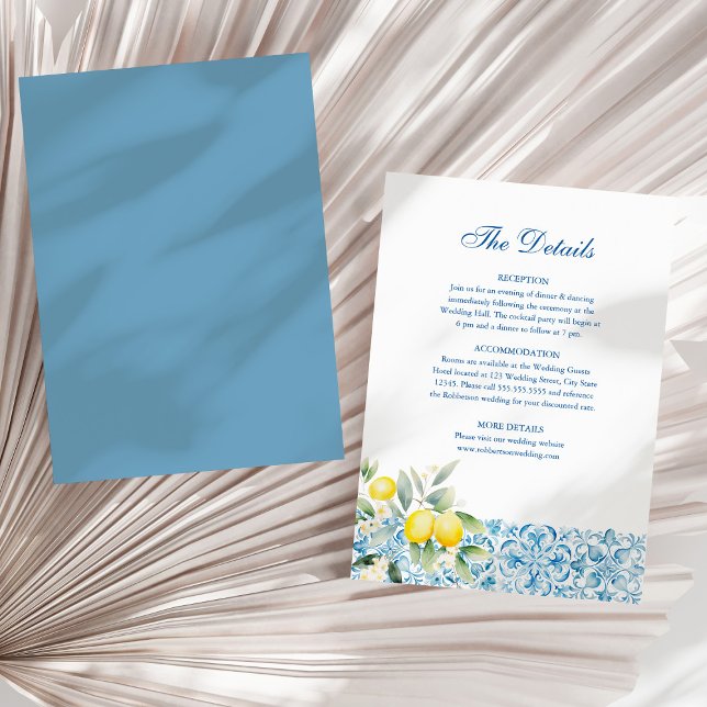 Amalfi Coast Lemon Wedding Details Invitation (Italian Blue Tiles and Lemons Wedding Details Card on a sunny white dry palm leaf.)