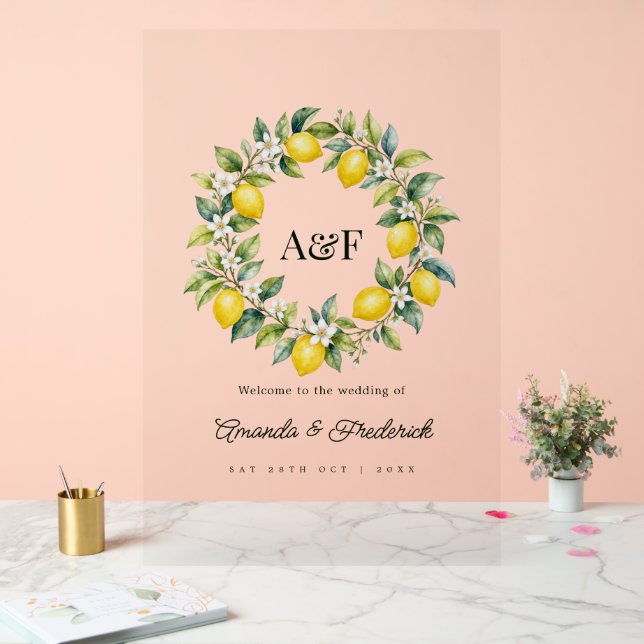 Amalfi Coast Lemon Wreath Italian Wedding Welcome Acrylic Sign (Wedding)