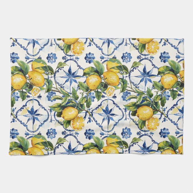 Amalfi Coast Lemons and Tiles Pattern Kitchen Towel (Horizontal)