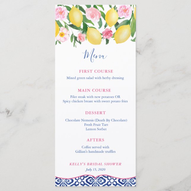 Amalfi Coast Lemons Blue White Tiles Baby Shower Menu (Front)