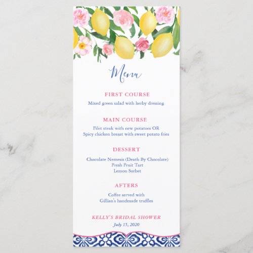 Amalfi Coast Lemons Blue White Tiles Baby Shower Menu