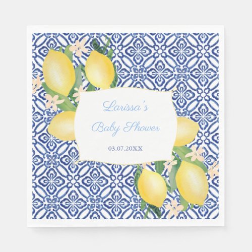 Amalfi Coast Lemons Italian Blue Tiles Baby Shower Napkins