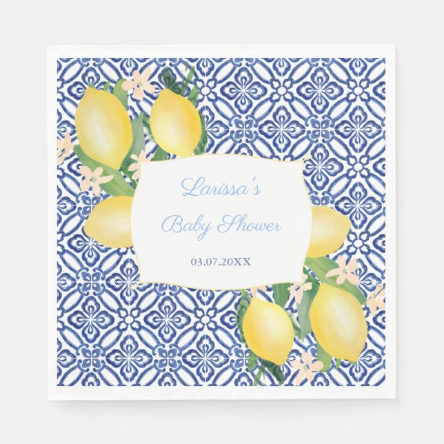 Amalfi Coast Lemons Italian Blue Tiles Baby Shower Napkins (Front)