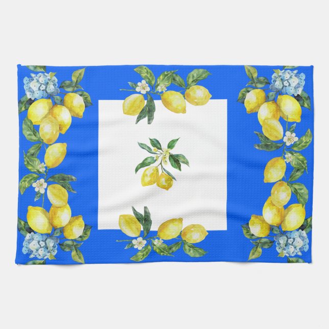 Amalfi Coast Lemons Ocean Blue Kitchen Towel (Horizontal)
