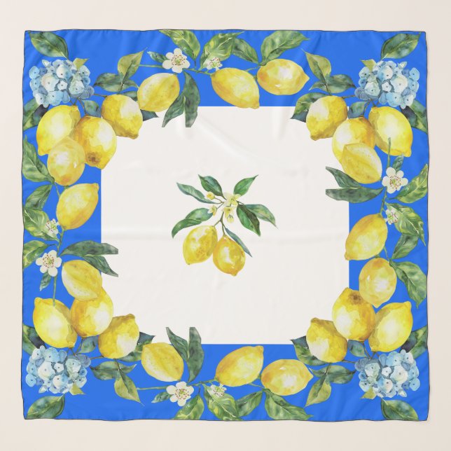 Amalfi Coast Lemons Ocean Blue Scarf (Front)