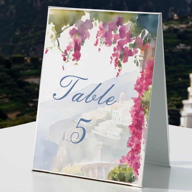 Amalfi coast Mediterranean Italian bridal shower Table Tent (Amalfi coast Mediterranean Italian bridal shower Table Tent Sign bougainvillea Positano view)