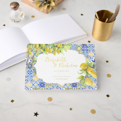 Amalfi Coast  Mediterranean Lemon Tiles Foil Guest Book